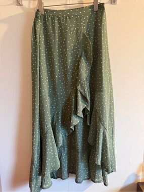 Dress Forum Sage Green Polka Dot Faux Wrap Midi Skirt Large Ruffle Hem